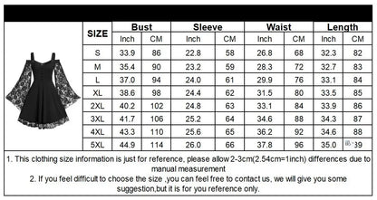 One-shoulder Lace Stitching Flared Sleeve Dress Literary Vintage Autumn Grunge Black A-line Dress Punk Partywear