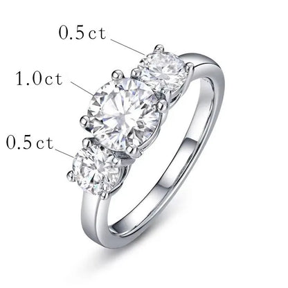 Real D Color VVS1 Round 2.0ctw Moissanite 3-Stone Ring 925 Pure Silver Jewelry Certified for Women Wedding Engagement Gift
