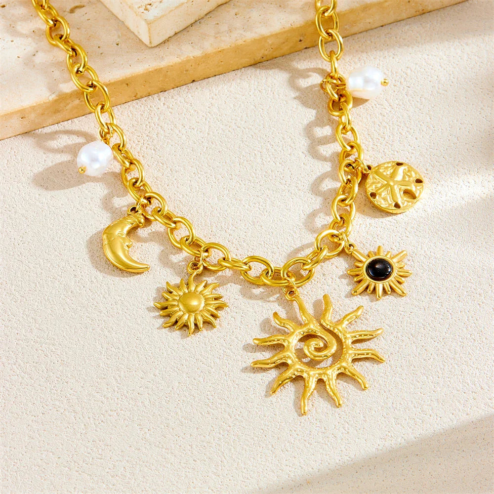 316L Stainless Steel Golden Trendy Starfish Moon Sun Shaped Pendant Necklace For Women Romantic Neck Chain Holiday Gift