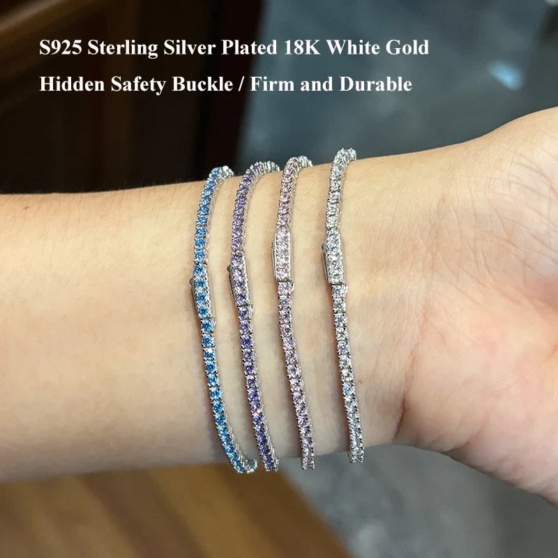 Full 2mm Violet Pink Blue White 5A Zircon Tennis Bracelet for Woman S925 Silver High Carbon All Colored Gemstone Bracelets