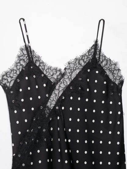 Women 2026 Trend Polka Dot Sling Tops Asymmetric Sleeveless V-Neck Lace Decorative Tops Elegant Fashion Holiday Outfits Camis