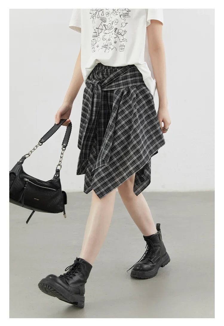 Women Skirts A Line Elastic Waist Strap Ties Irregular Plaid Half Length Skirt Female Short Skirt Woman Summer 2025