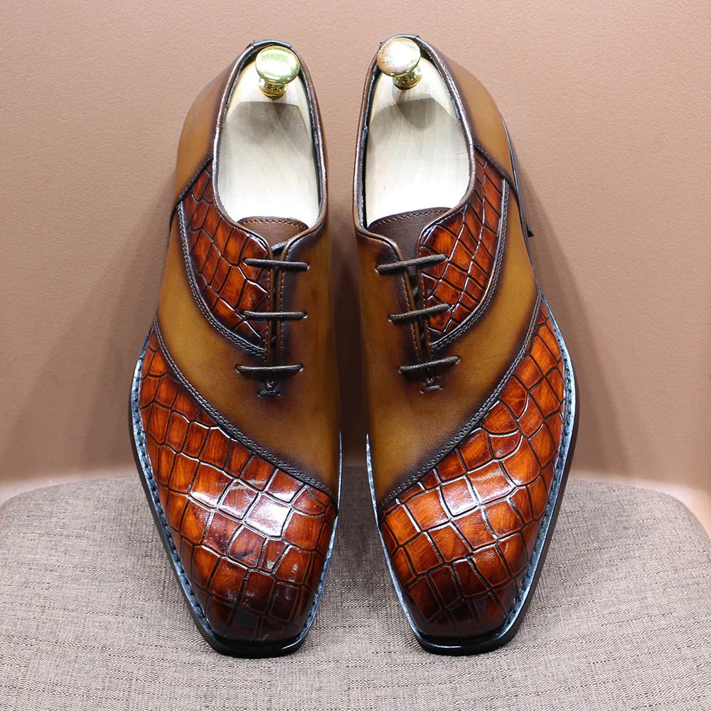 Fashion Mens Oxford Crocodile Pattern Cow Patent Leather Lace Up Wedding Party Office Formal Dress Shoes for Men Mixed Colors