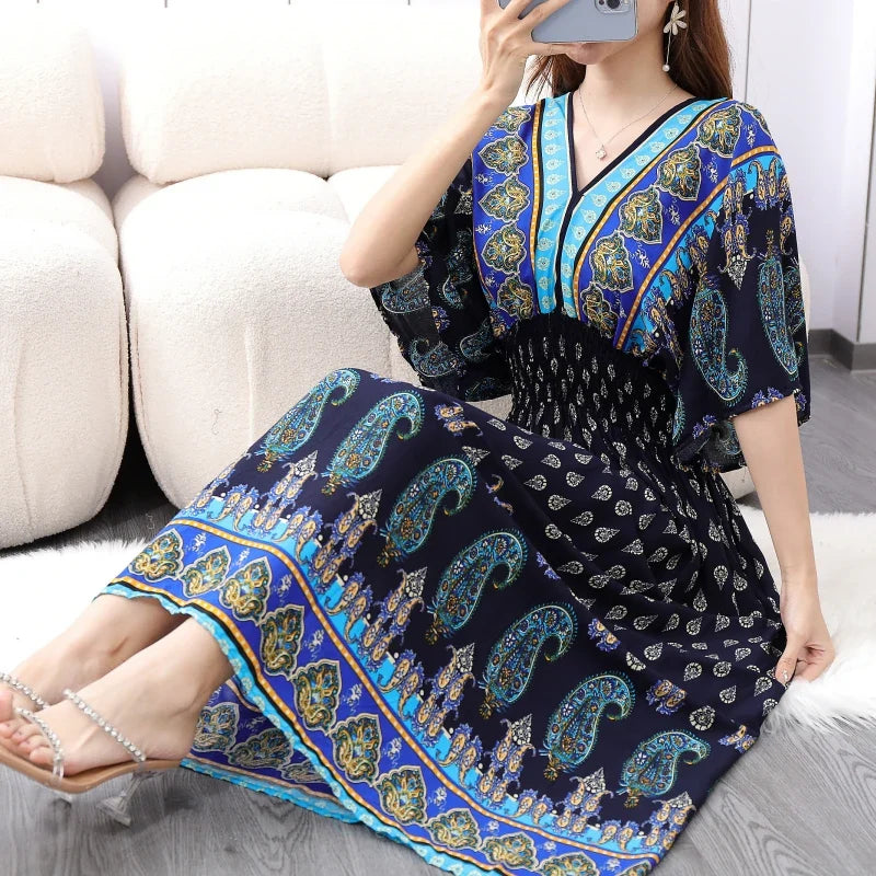 Flower V-neck Elastic Youthful Bohemian Sweet Midi Dress Woman Clothes Chic Fashion Summer Dresses 2025 Large Swing Ski