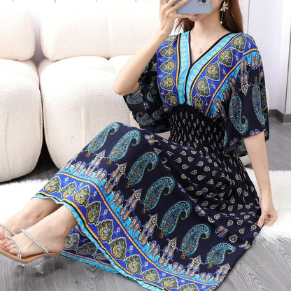 Flower V-neck Elastic Youthful Bohemian Sweet Midi Dress Woman Clothes Chic Fashion Summer Dresses 2025 Large Swing Ski