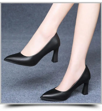 Soft PU Non-slip Single Shoe Work Shoes Women's Pumps Black Professional Interview High Heels Mid Heeled Work Leather Shoes