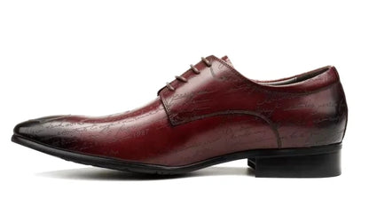 Stylish Letter-printed Men's Business Leather Shoes Korea Style Wedding Derby Shoes Lace-up Pointed Toe Dress Shoes Man Wine-red