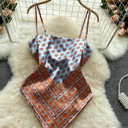 Women Sexy Backless asymmetrical lace-up Camis Print Tank Top Chic One-piece Corset Bustier Summer Beach vacation Crop Top