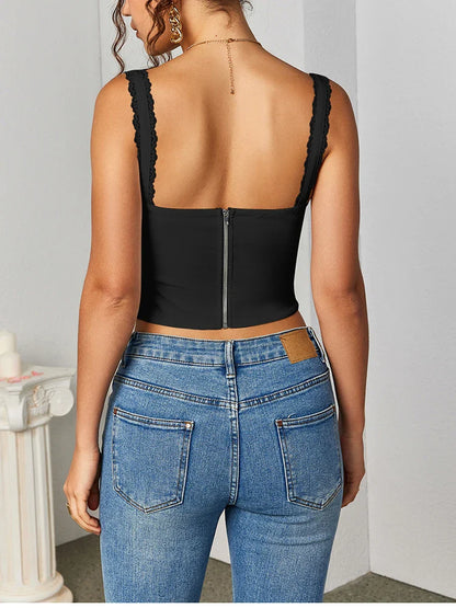 Women's Sleeveless Spaghetti Strap Lace Crop Corset Top Backless Double Layer Fashion Casual Party Cami Bustier Tops