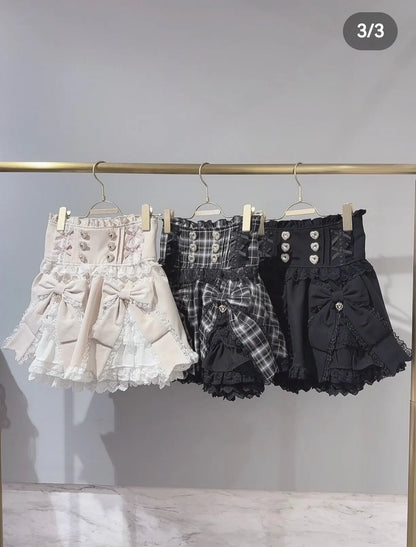 Liz Japanese New 2026 Spring Sweet Girl Heart Buckle Double Bow Lace Patchwork High-waisted Kawaii Elegant Princess Short Skirt