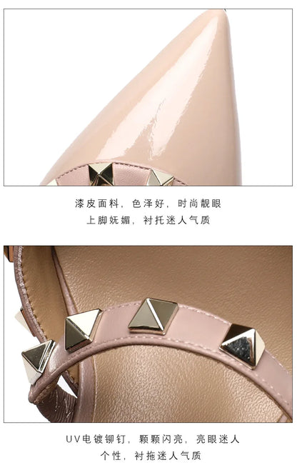 2025 New Genuine Leather Gladiator Pumps Sandals Luxury Metal Rivets Summer Women Outdoor Slippers Black Fashion High Heels 41