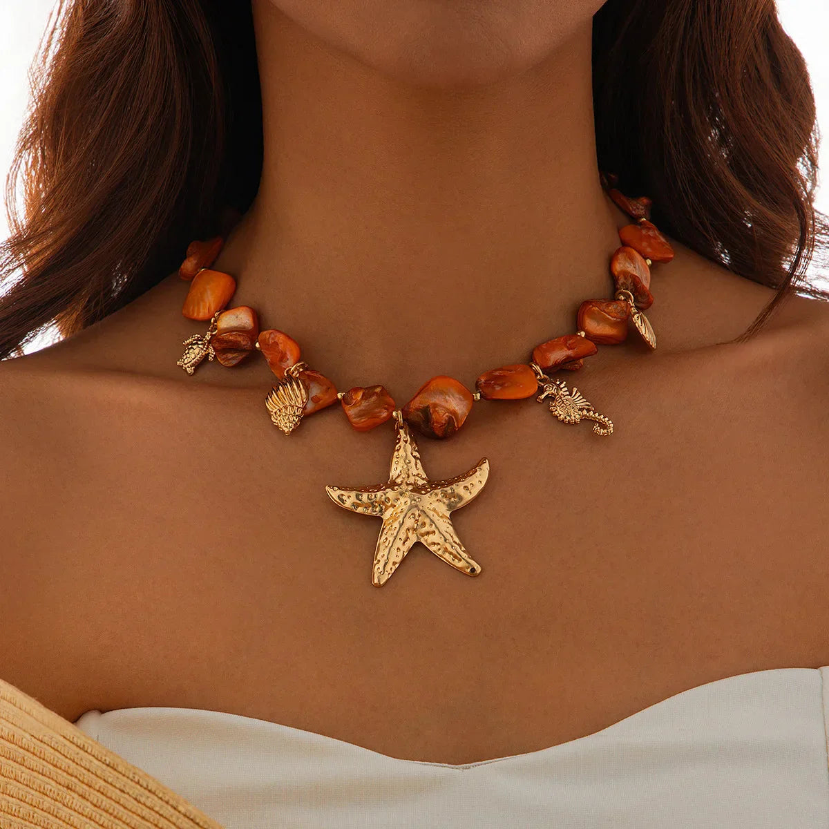 Retro Starfish White Shell Conch Pendant Necklace  Women 2024 Simple Creative Colorful Stones  Hand Woven beach Jewelry Girls
