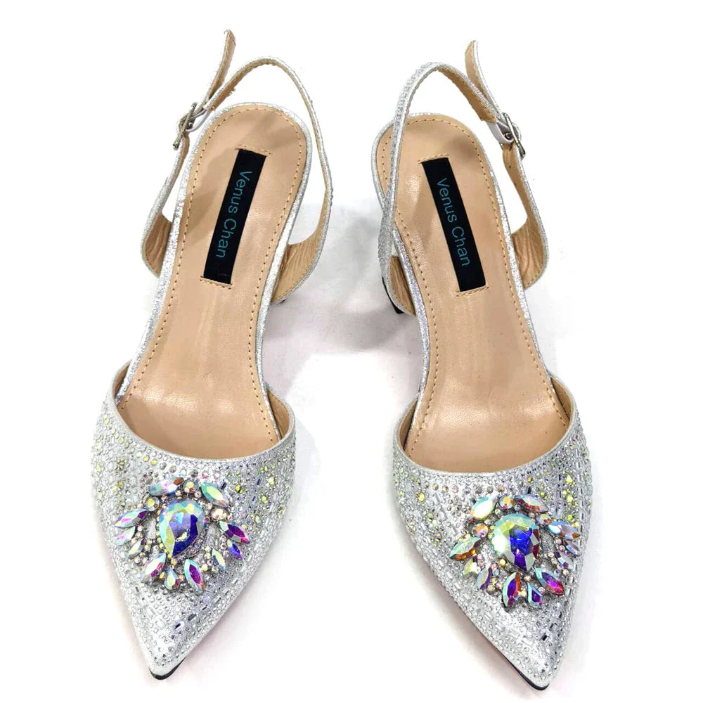 Girly Style Pointed Toe Wedding Shoes and Bag Full Diamond Decoration Metal Closure Bag Italian Design 2024