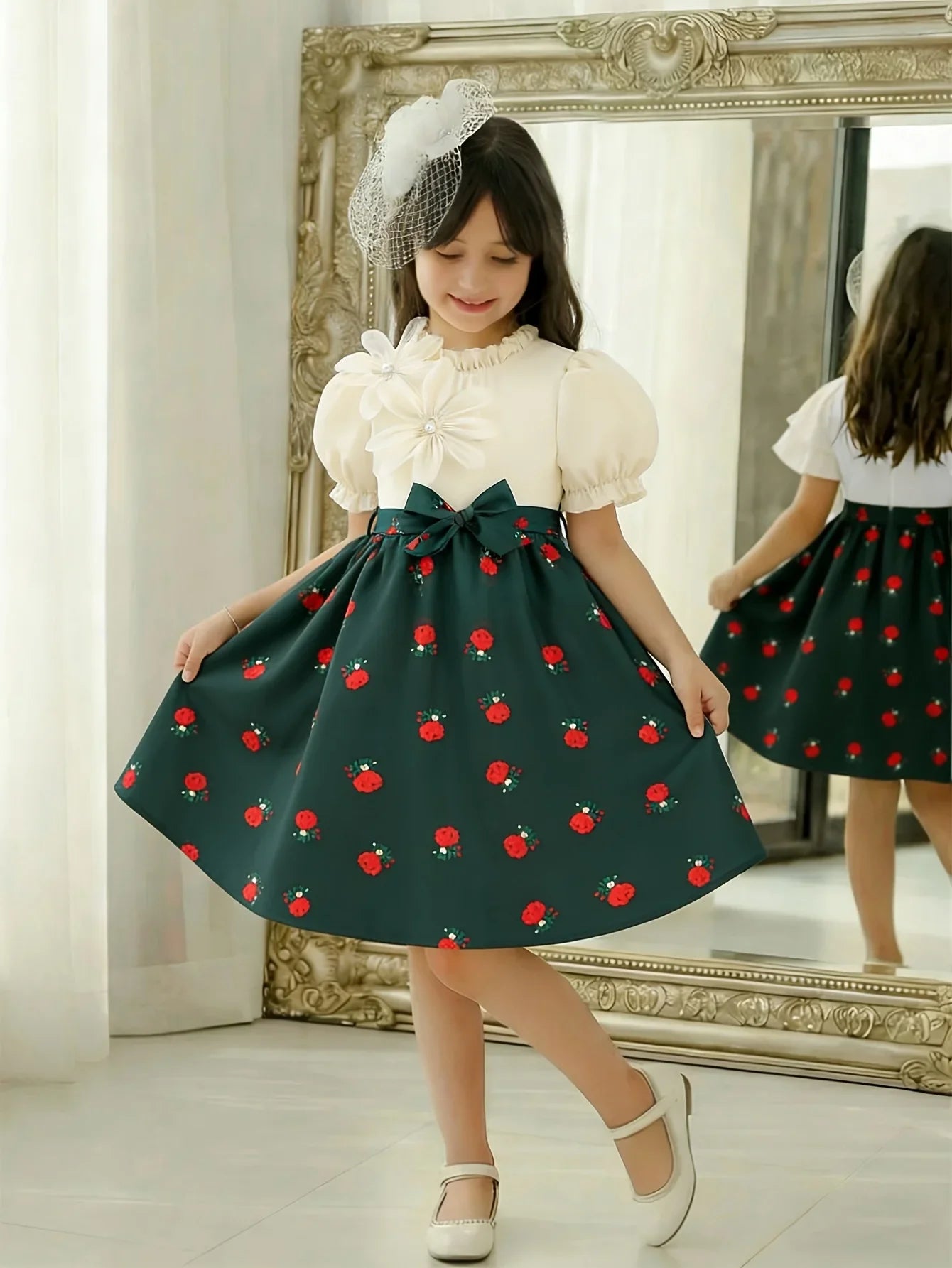 Elegant dress for girls, three-dimensional floral lace collar, retro rose print waist cinching dress (with a belt included)