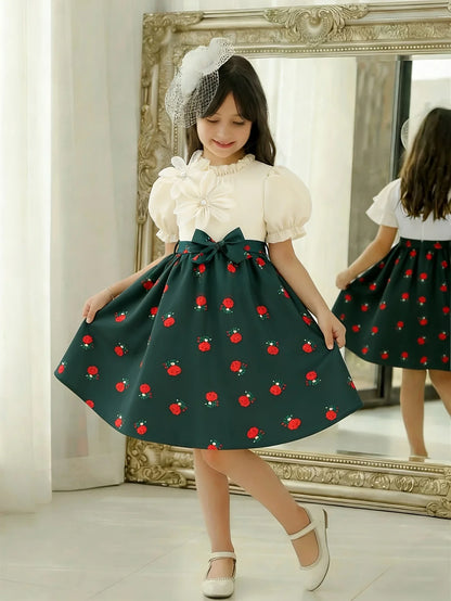 Elegant dress for girls, three-dimensional floral lace collar, retro rose print waist cinching dress (with a belt included)