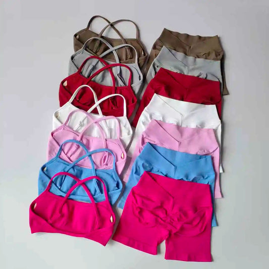 Seamless Yoga Shorts Set Yoga Women's Fitness Tight Bra Top Vest Gym Set Elastic Hip Lifting Gym Shorts Sports 2pcs Workout Suit