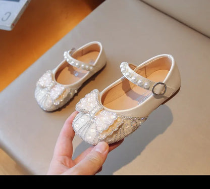 Size 23-34 Silver Bow Cute Princess Flat Shoes for Teenage Girls Casual Low Vamp Student Performance Dance Shoes