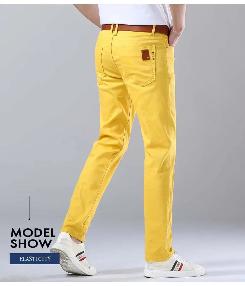 2024 Autumn New Men's Stretch Fit Jeans Bright Trendy Denim Straight-leg Trousers Male Red Lake Blue Yellow Trousers