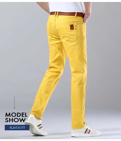 2024 Autumn New Men's Stretch Fit Jeans Bright Trendy Denim Straight-leg Trousers Male Red Lake Blue Yellow Trousers