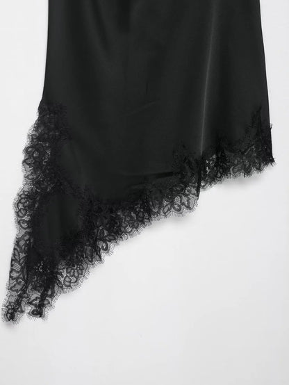 2026 Spring Women Backless Sexy Lace Splicing Halter Neck Top Summer Female Off Shoulder Asymmetrical Satin Camisole