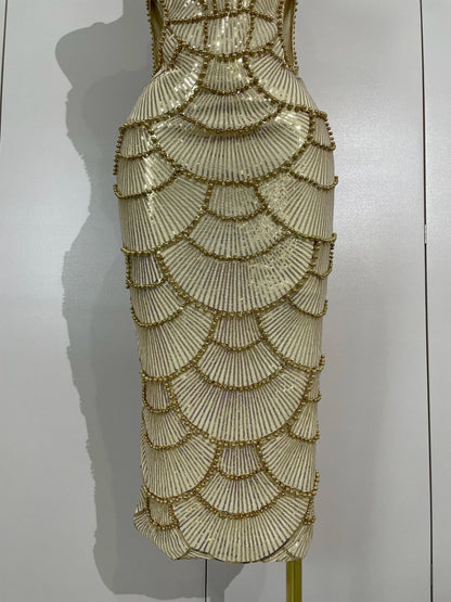 Women Hot Sale Sleeveless Sexy Strap Pearl Beading Sequins Bodycon Long Dress Celebrate Evening Party Birthday Outfit Vestido