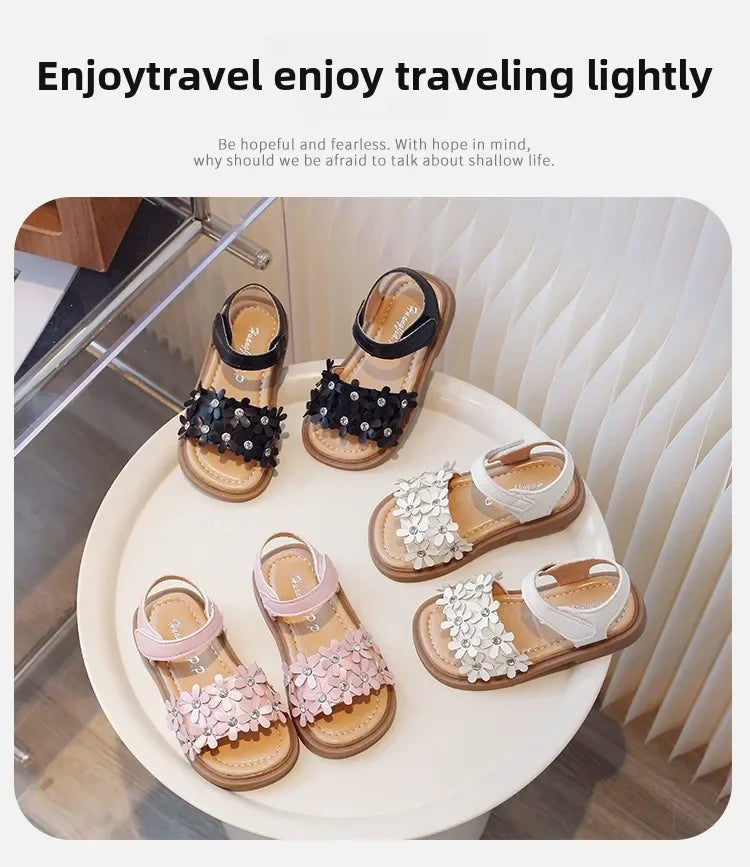 Little Girls Floral Bohemian Sandals with Beads Princess Sweet Kids Summer Shoes Open Toes Anti-skid Size 22-31Hook & Loop Cute
