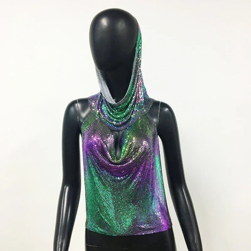 Fashion Metal Sequined Y2k Women Crop Top Tank Tops with Headscarf Metallic Sequins Sexy Backless Hollow Out Halter Corset top