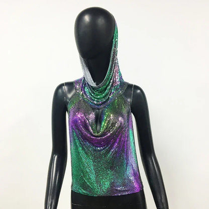 Fashion Metal Sequined Y2k Women Crop Top Tank Tops with Headscarf Metallic Sequins Sexy Backless Hollow Out Halter Corset top