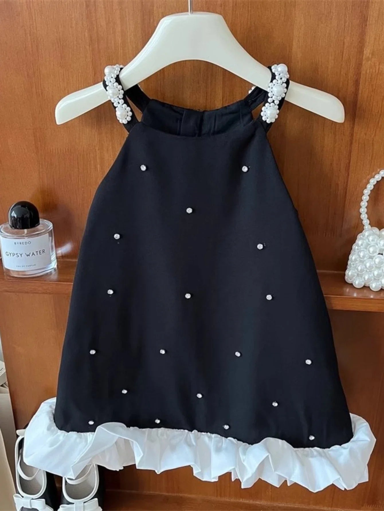 Girls Summer Black Pearl Dress – Charming Sleeveless A-Line Dress with Beaded Straps & Ruffle Hem, Elegant Kids Fashion