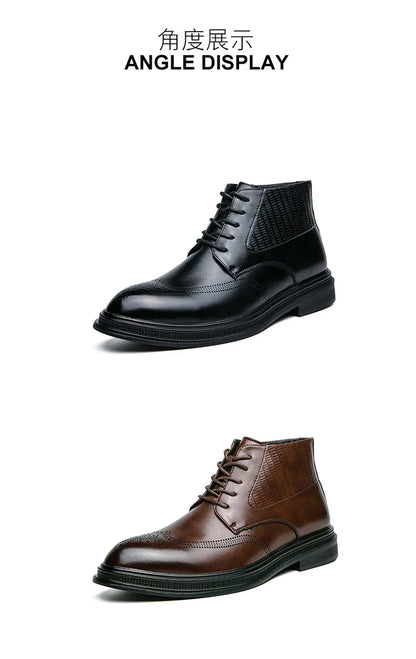Men Pu Leather High Top Boots With Side Zipper Block Carving Design Business Casual And Handmade Ankle Boots