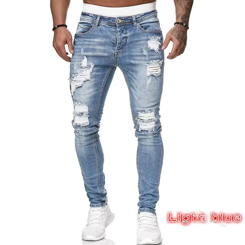 Fashion Street Style Ripped Skinny Jeans Men Vintage wash Solid Denim Trouser Mens Casual Slim fit pencil denim Pants hot sale