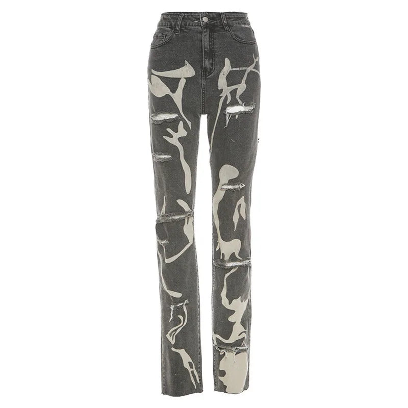 Women Fashion Gray Print High Waist Denim Skinny Trousers