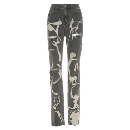Women Fashion Gray Print High Waist Denim Skinny Trousers