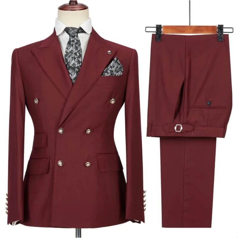 Men Suit 2 Pieces Beige Double Breasted Solid Color For Business Casual Wedding Groom Banquet Work Tuxedo Set Jacket With Pants