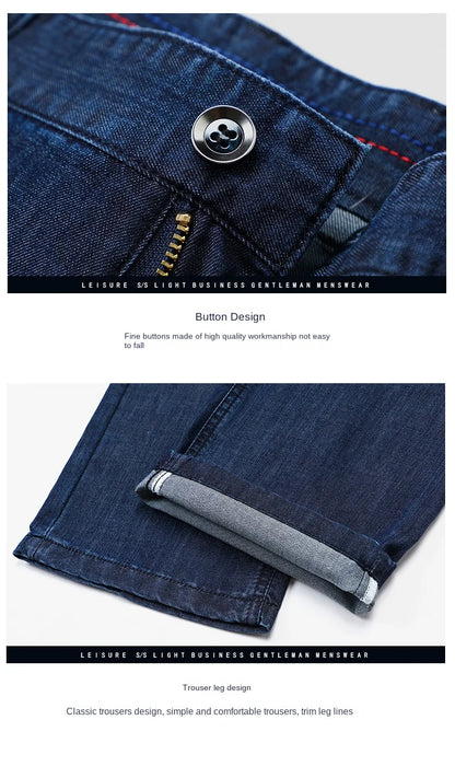2026 Brand High Lyocell  Men's Fit Straight Lightweight Cotton Stretch Denim Business Casual High Waist Thin Light Grey Jeans