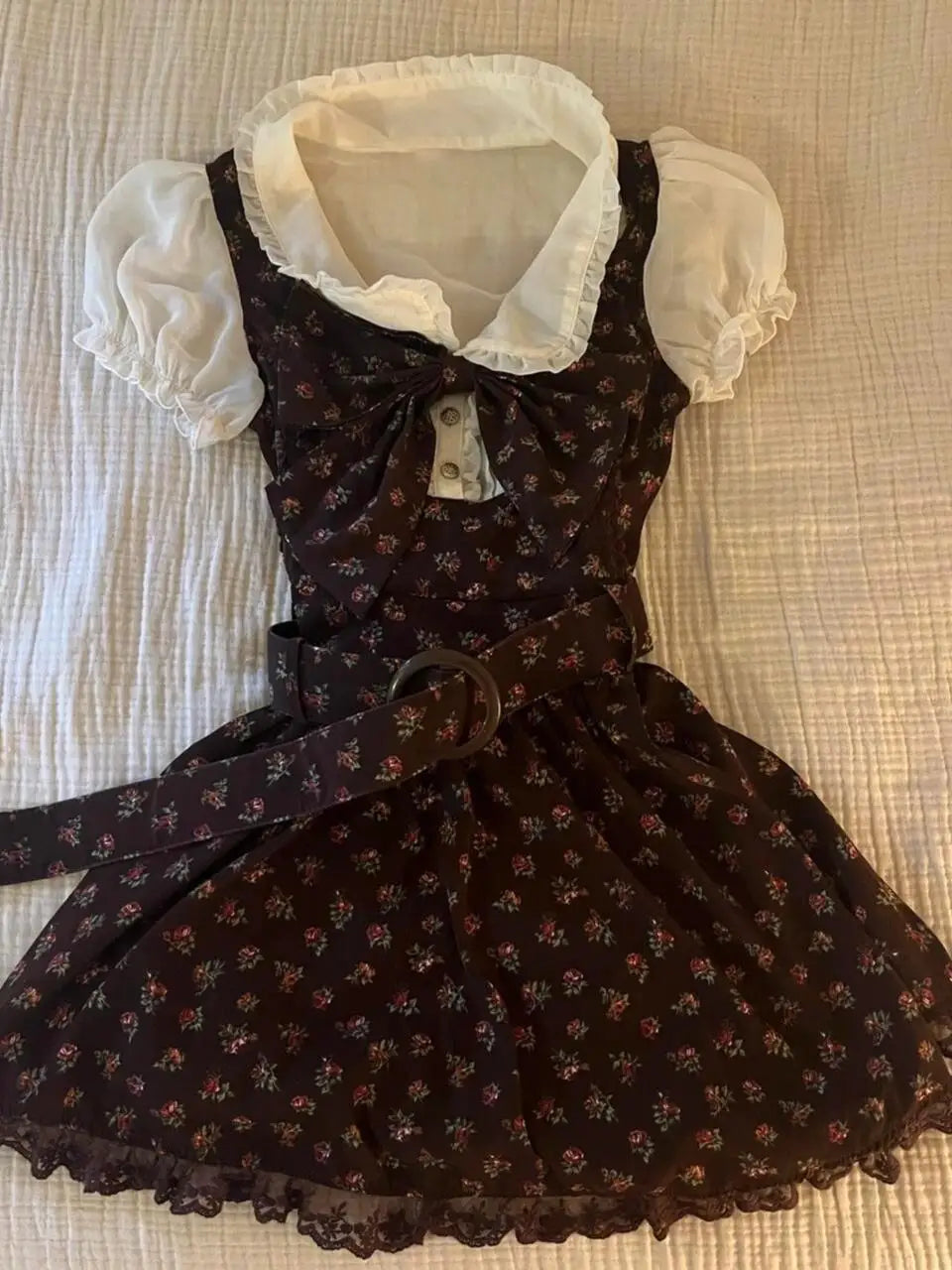 Spring Sweet Vintage Elegant Woman Dress Y2k Puff Sleeve High Waist Fake 2 Piece Mini Dress Female Doll Collar Chic Outfits 2025