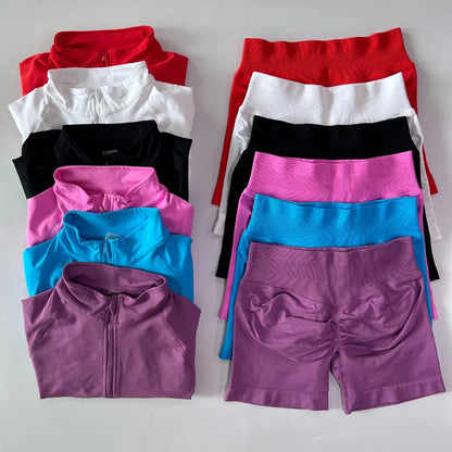 No Logo 2pcs Long Sleeve Yoga Set Women Half Zippy Jacket Longline Sports Top Gym Shorts Fitness Suits Running Coats Workout Set