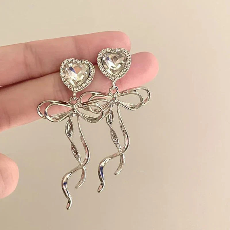 Jewelry Sweet Heart Rhinestone Butterfly Shape Dangle Earrings for Women Silver Color Korean Fashion Y2K Piercing Earring