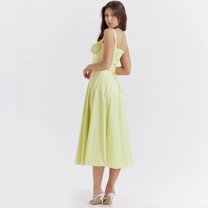 Women's Summer Floral Print Dresses Sweet Elegant Midi Holiday Dress Casual Slit Blue Lace Up Dresses 2023