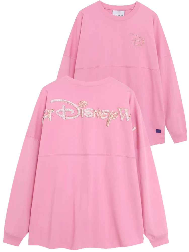 Cartoon Print Embroidery Flares Pearl Pink Sweatshirt Sweet Women Long Sleeve Loose Jumper Tops Female
