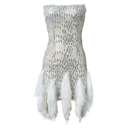 Elegant Dress Stretchy Tassel Sequins Decor Sexy Bodycon Mini Dress Pure Colors Above Knee Summer Dress Club Wear
