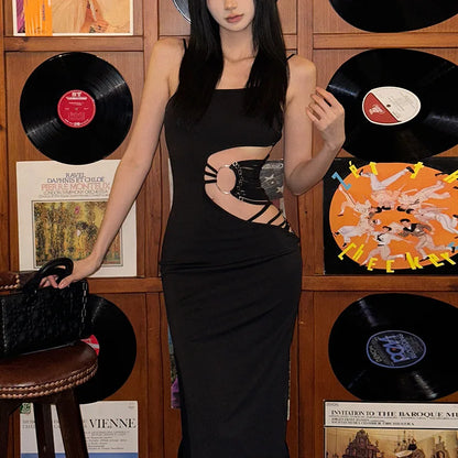 Hollow Out Dress Women Mall Gothic Aesthetic Sleeveless Bodycon Dress Streetwear Elegant Evening Party Dress Female
