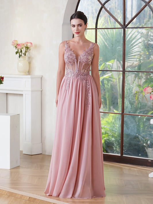 Dusty Pink Sheer Evening Dresses Lace Applique Spaghetti Straps V-Neck Backless Prom Dress Chiffon A-Line 2025 Formal Party Gown