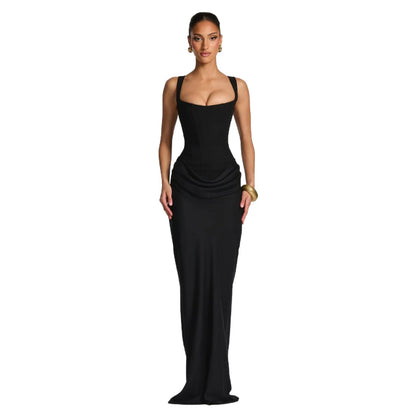 Women's casual long sleeved slim fit fishbone pure desire suspender jumpsuit long skirt slim fit solid color hip hugging dress