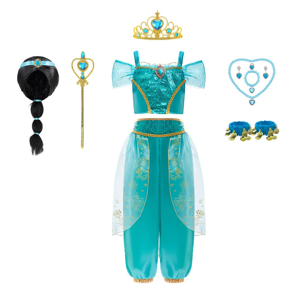 Girl Jasmine Two-piece Set Halloween role-playing Jasmine Princess Suit + Magic Lamp Props Stage Performance Costume