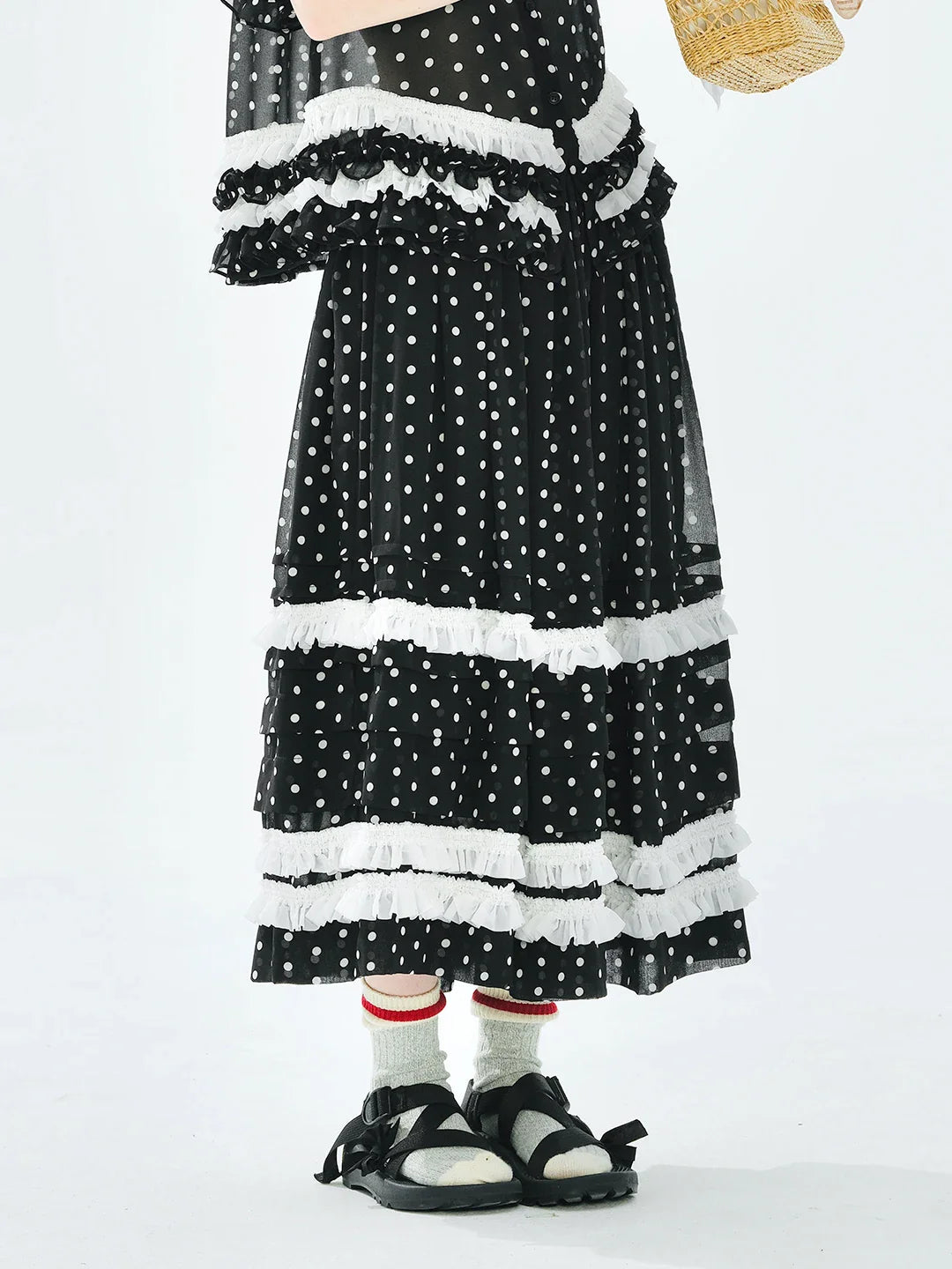 Women's Black Midi Skirt Elastic Waist White Polka Dots Tiered Ruffles Summer Essential Versatile Styling 255079