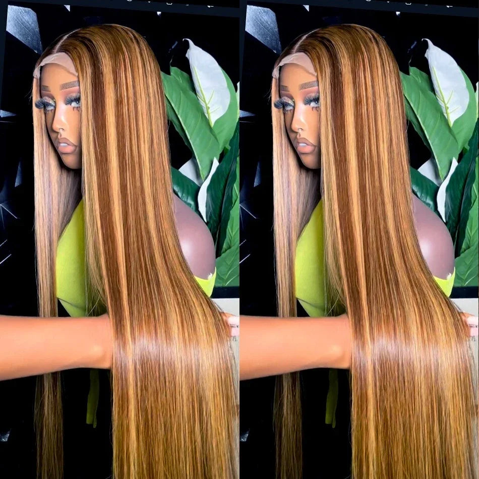 Brown P4/27 Straight 13x4 Lace Frontal Human Hair Wigs Brazilian Highlight Colored Lace Front Wig For Women 28 30 32 34 36 Inch