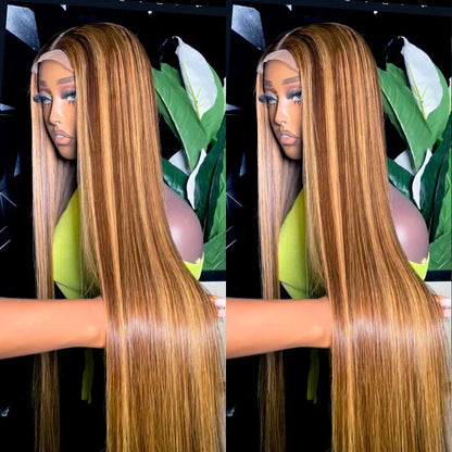 Brown P4/27 Straight 13x4 Lace Frontal Human Hair Wigs Brazilian Highlight Colored Lace Front Wig For Women 28 30 32 34 36 Inch