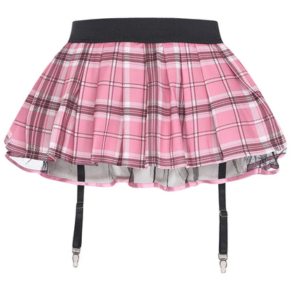 Women's Miniskirt with Garters Schoolgirl Cosplay Costume Plaid Layer with Tulle Lining Elastic Waistband Short Skirt Clubwear