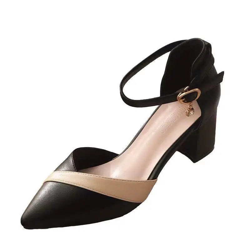 Sapatos femininos clássicos de salto quadrado bege bico fino para festa, senhoras, primavera, verão, fivela preta, couro PU, sapatilhas profissionais